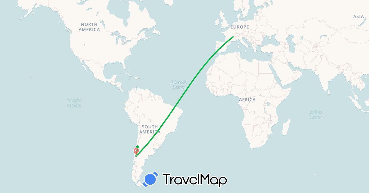 TravelMap itinerary: bus, plane, hiking in Chile, France (Europe, South America)